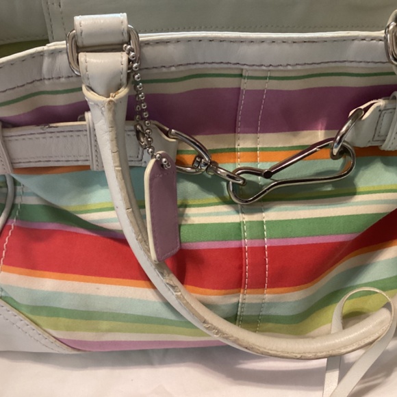 Coach Stripe bag tassels purse red teal purple pink green charm emblem handles - Picture 8 of 11